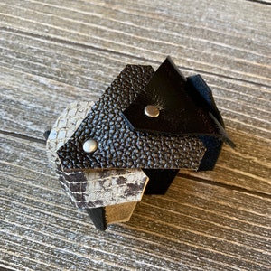 Modern Leather Cuff Bracelet For Her, Metallic Leather Triangles Bracelet, Contemporary Design Leather Jewelry, Fashion Leather Accessories