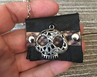 Sugar Skull jewelry, Leather crystal pouch with silver skull, Black leather pouch, Stylish medicine bag, Rocker fashion leather necklace,