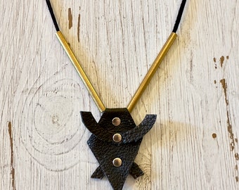 Black Leather Pendant Necklace, Statement necklace, Rock festival Jewelry, Leather and brass, Contemporary design, Urban Tribal style