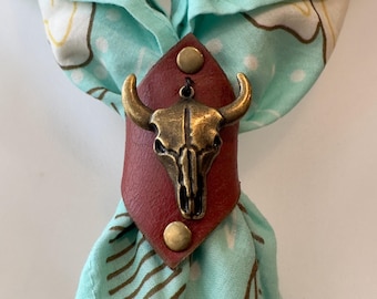 Reclaimed Leather Bandana Ring with Longhorn Skull Charm, Western Scarf Slide Accessory