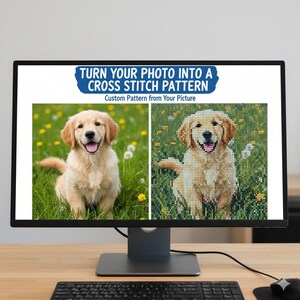 May include: A computer monitor displays a custom cross-stitch pattern created from a photo of a golden retriever puppy. The screen shows the original photo next to the cross-stitch version, with the text "TURN YOUR PHOTO INTO A CROSS STITCH PATTERN".