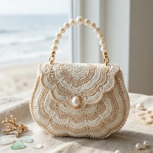 May include: A cream-colored, crocheted handbag with a pearl handle and a large pearl clasp. The bag features a scalloped design with alternating cream and tan sections, and is trimmed with small gold beads. The handle is made of large, round pearls.