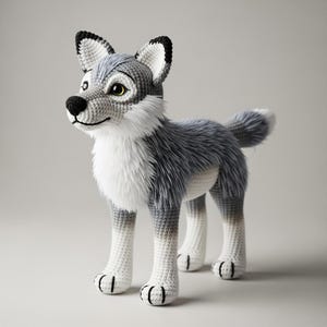 May include: A handmade crochet wolf plush toy in shades of gray, white, and black. The wolf has a fluffy white chest, a black nose, and black accents on its ears and paws. The toy is standing on all fours.