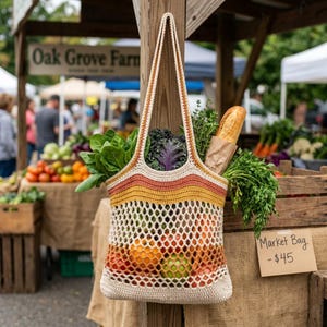 May include: A crocheted market bag with a cream-coloured mesh body, featuring horizontal wavy stripes in shades of orange and yellow at the top. The bag is filled with fresh produce, including leafy greens, a baguette in a paper sleeve, and various fruits.