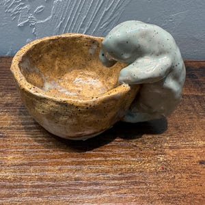 Peut inclure: Un bol en céramique fait à la main avec un intérieur brun clair et un extérieur tacheté. Une figurine bleu clair en forme de phoque est attachée au côté du bol. Le bol est posé sur une surface en bois.