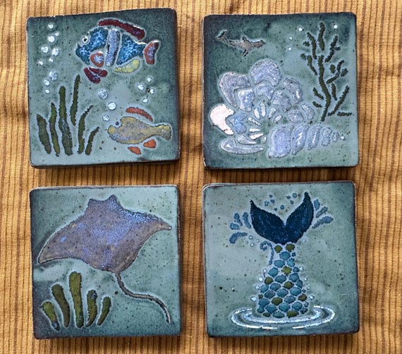 Handmade Under the Sea Pottery Coasters – Set of 4 – Stingray Fish Mermaid Tail Shell – Coastal Ceramic Drink Coasters with Felt Feet