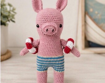 Peluche cochon au crochet faite main – Amigurumi Décoration d'été de plage – Pierre le cochon