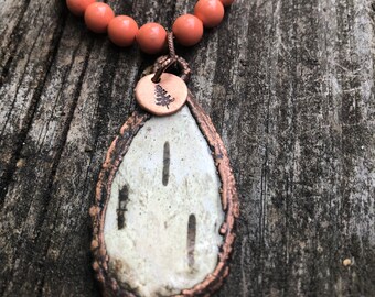 Copper Electroformed Birch Bark Pendant with Coral Bead Chain