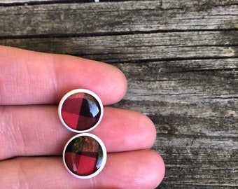 White Enameled Lumberjill Buffalo Plaid Red and Black Stud Earrings