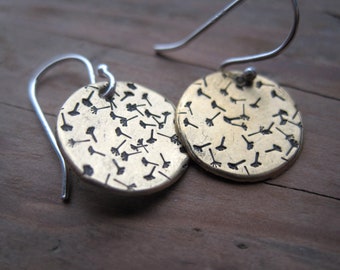 Brass Metal Stamped Dandelion Dangle Earrings with Sterling Silver Hooks