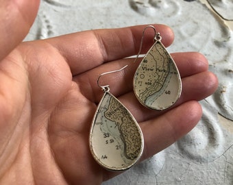 Vintage Silver Nautical Chart Map Dangle Earrings