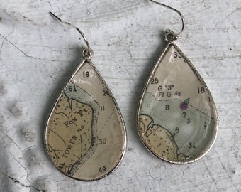 Beach Vintage Nautical Chart Map Dangle Drop Earrings