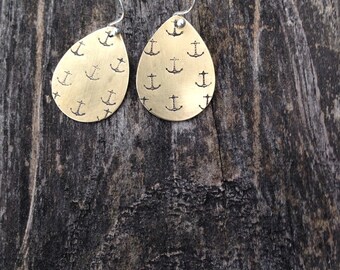 Brass Metal Stamped Nautical Anchor Dangle Drop Earrings