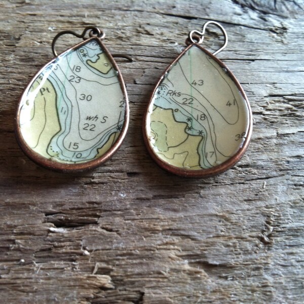 SALE - Copper Nautical Chart Map Earrings - Cozy Cabin