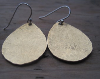 Teardrop Brass Hammered Metal Drop Dangle Earrings with Sterling Silver Hook