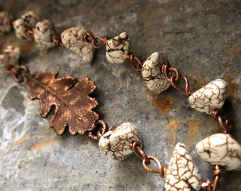 Oak Leaf Woodland Electroformed Copper Statement Necklace with White Turquoise Beads