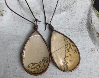 Vintage Copper Nautical Chart Map Florida Keys Dangle Drop Earrings