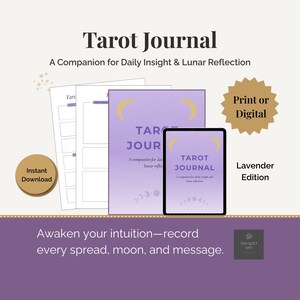 May include: A lavender Tarot Journal with the text "Tarot Journal" and "A Companion for Daily Insight & Lunar Reflection." Includes a tablet, journal pages, and a "Print or Digital" option. The text "Instant Download" is also visible.