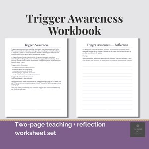 May include: A two-page worksheet set titled "Trigger Awareness Workbook." The left page defines trigger awareness, while the right page offers reflection prompts. The set is designed to help identify and understand emotional triggers.