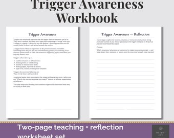 以下が含まれることがあります： 「Trigger Awareness Workbook」というタイトルの2ページのワークシートセット。左ページはトリガーの認識を定義し、右ページは反省のプロンプトを提供します。感情的なトリガーを特定し、理解するように設計されています。