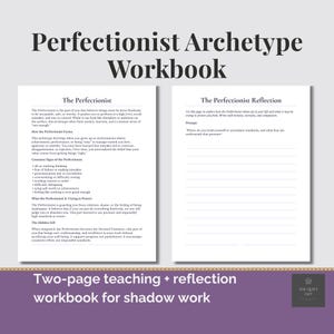 Peut inclure: Un cahier de deux pages intitulé « Perfectionist Archetype Workbook ». La page de gauche détaille l'archétype du perfectionniste, tandis que la page de droite propose des invites de réflexion. Le cahier est conçu pour le travail de l'ombre et l'auto-exploration.
