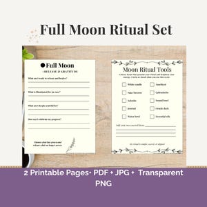 Pode incluir: Duas páginas imprimíveis para um conjunto de rituais de Lua Cheia. A página esquerda é para libertação e gratidão, com instruções. A página direita lista ferramentas de ritual, incluindo uma vela branca e óleos essenciais.
