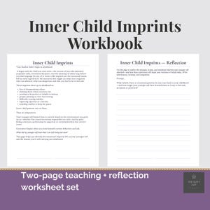 Può includere: Un set di quaderni di due pagine intitolato "Inner Child Imprints Workbook". Le pagine presentano testo sulle impronte emotive e suggerimenti di riflessione. La parte inferiore dell'immagine presenta il testo "Two-page teaching + reflection worksheet set."