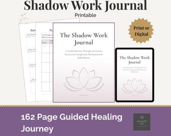 Pode incluir: Um "Shadow Work Journal" digital e imprimível com um design de flor de lótus. O diário inclui 162 páginas para uma jornada de cura guiada. O texto diz "Imprimir ou Digital".
