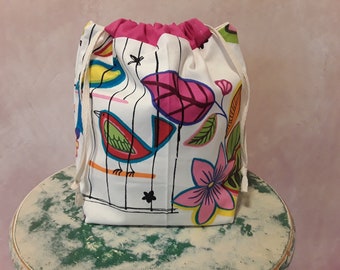pink blue green floral knitting project bag, bird drawstring bag, sock project bag with flowers, butterfly, gift for knitter, boxy yarn tote