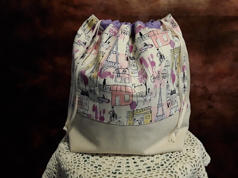 large knitting project bag, Paris drawstring bag, pink purple Eiffel Tower sweater project bag, France lover, gift for knitters, flat bottom image 1