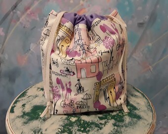 pink purple black knitting project bag, Paris drawstring bag, Eiffel Tower sock project bag, France, French, gift for knitters, flat bottom