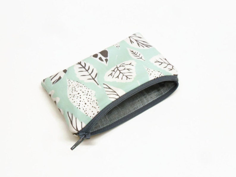 change purse coin purse zipper pouch zipper bag leaves aqua gray