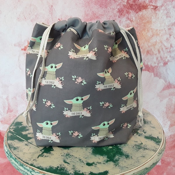 gray green pink knitting project bag, floral sock project bag, drawstring bag with flowers, gift for knitters, flat bottom yarn tote