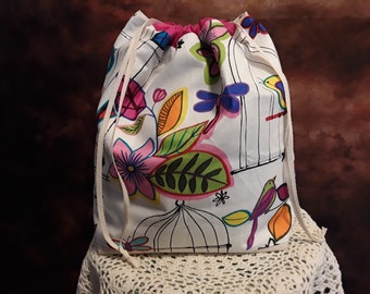 large knitting project bag, multi color bird drawstring bag, dragonfly sweater project bag, gift for knitters, flat bottom boxy yarn tote