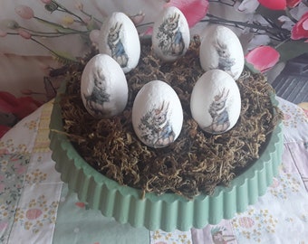 Easter table decoration, center piece, cake stand with moss and 6 eggs, eclectic hares, rice paper decoupage, painted craft, vintage style