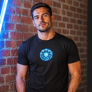 Iron Man Arc Reactor T-Shirt, Glowing Chest Power Core, Superhero Sci-Fi Graphic Tee, Futuristic Mens Comic Style Shirt, Gift for Him Her