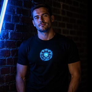 Iron Man Arc Reactor T-Shirt, Glowing Chest Power Core, Superhero Sci-Fi Graphic Tee, Futuristic Mens Comic Style Shirt, Gift for Him Her