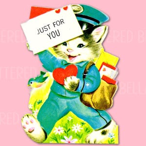 Cute Kitten Mailman and Bluebird&quot; Just For You&quot; Valentine&#39;s Day Card, Valentine Ephemera, Vintage Valentine
