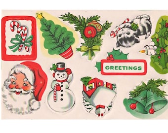 Vintage Mid-Century Christmas Seals: Santa, Snowman, Kitten - Set of 10