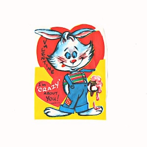 Vintage Valentine &quot;Crazy About You&quot; Silly Bunny, Valentine&#39;s Day Card, Valentine Ephemera, 1960&#39;s Fuld