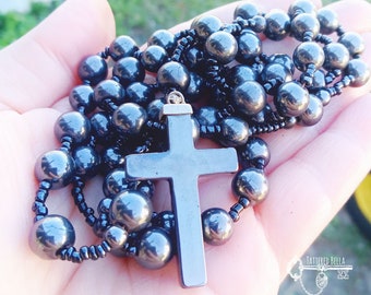 Extra Long Hematite Cross Pendant Necklace