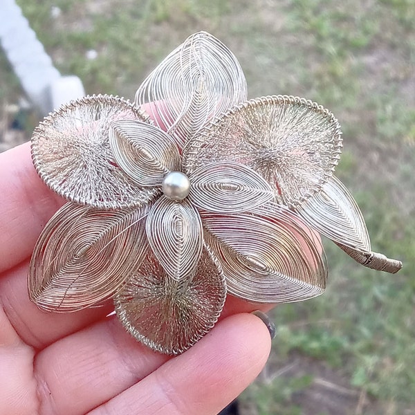 Spun Silver Layered Flower Brooch