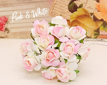 Pink White Paper Roses 12 Blooms , Scrap Booking Flowers, Craft Flowers, Flower Embellishments, Vintage Millinery Style, Paper Flowers, 13mm