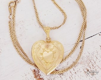 Gold Filled Victorian Forget Me Not Heart Locket on Gold Filled Chain