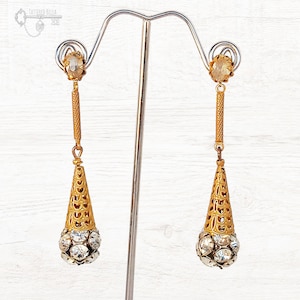 Miriam Haskell Gold Plate Cut Rhinestone Dangle Earrings