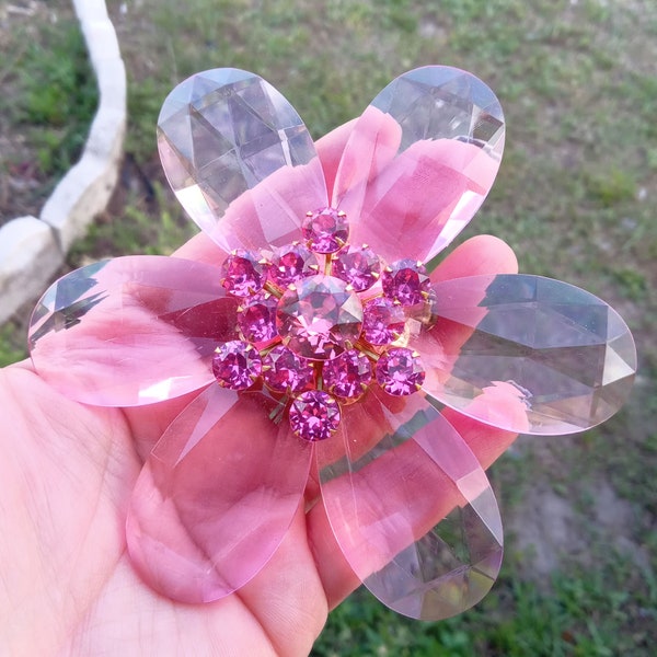 Huge 4.5" Pink Lucite Rhinestone Flower Brooch and Earrings Set