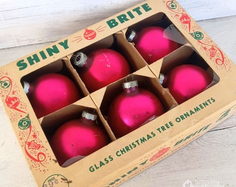 Pink Shiny Brite Ornaments in Original Box, Shabby Christmas Ornaments, Vintage Shiny Brite Ornaments, Mid Century Ornaments