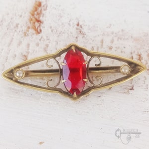 Antique Victorian Seed Pearl and Ruby Glass Bar Pin