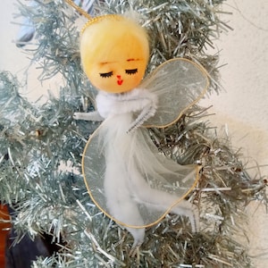 Vintage Spun Cotton Angel Pipe Cleaner Christmas Ornament, Angel Tulle wings, Made in Japan