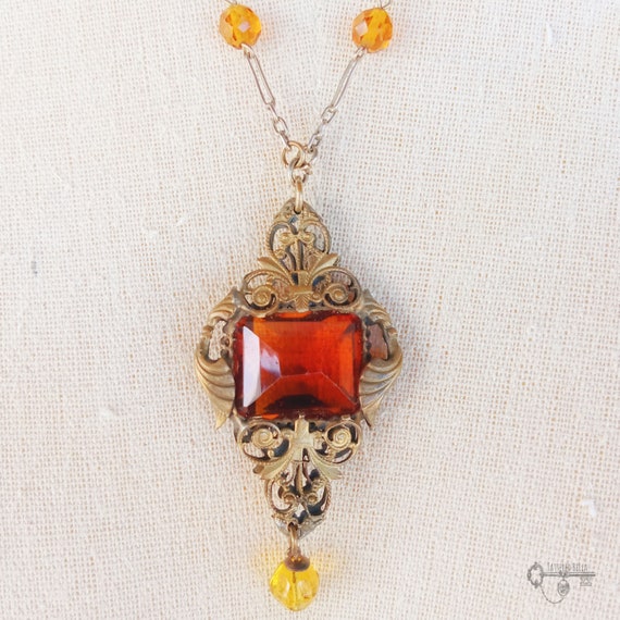 Citrine Antique Art Deco Czech Cut Glass Long Lav… - image 4